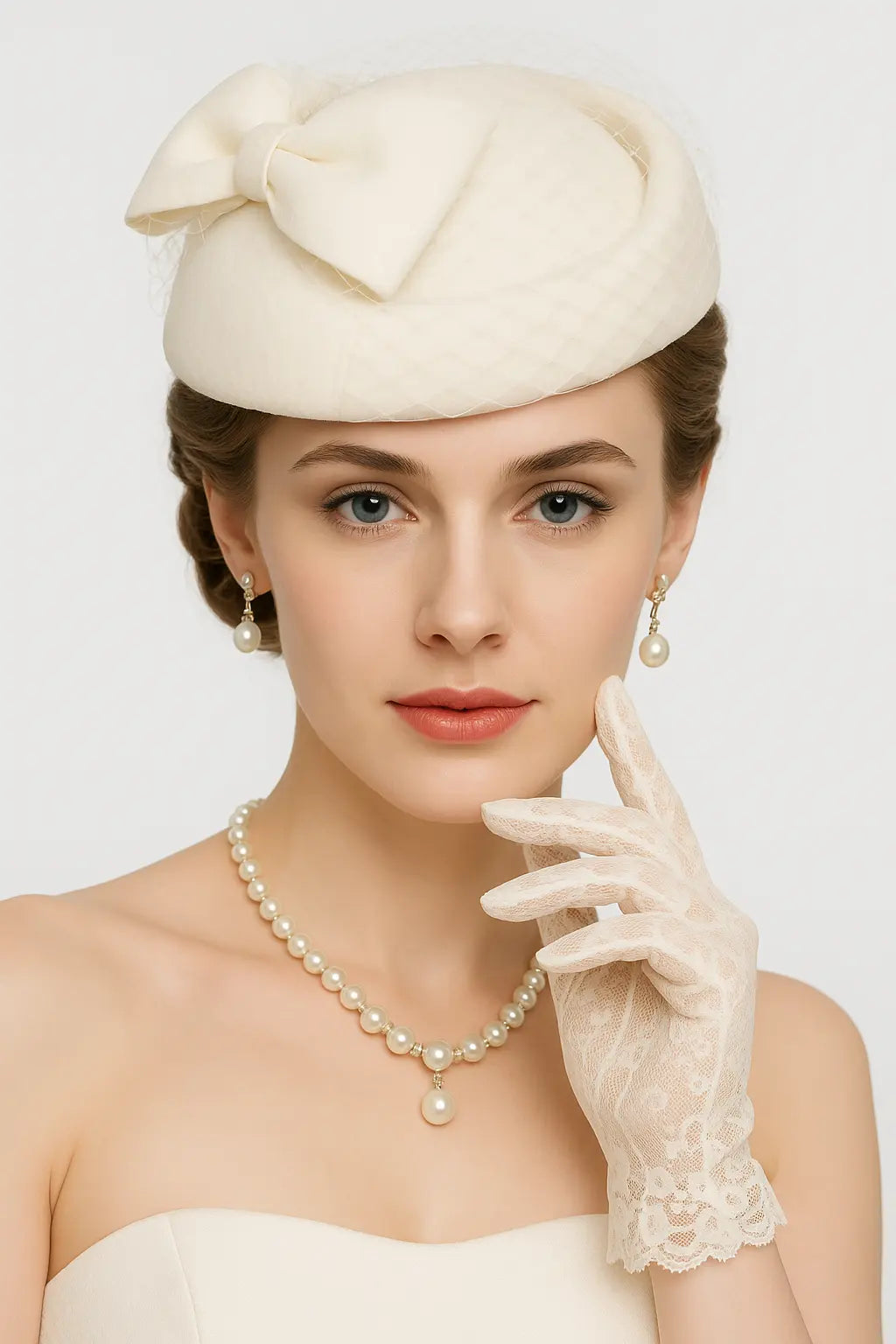 Cream ivory pillbox fascinator hat with large bow and birdcage veil for church and weddings