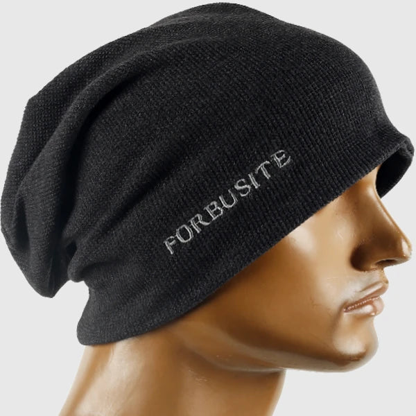 Dark grey slouch beanie hat worn in a relaxed oversized style, FORBUSITE logo embroidery, unisex cotton beanie for street wear, men and women