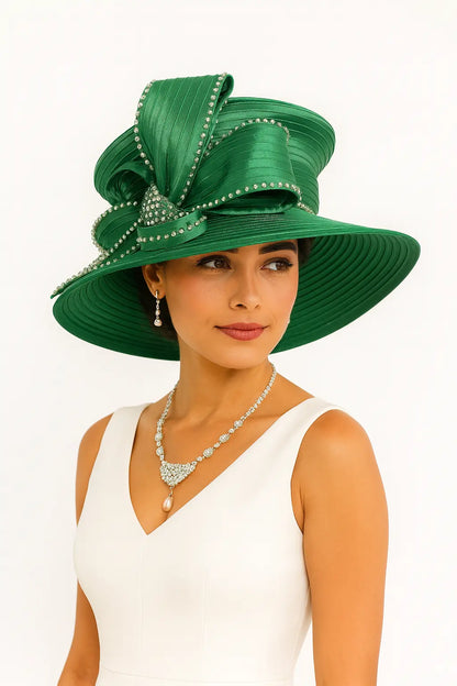 Elegant emerald green church hat with large rhinestone-trimmed bow – ideal for formal occasions or Sunday best.