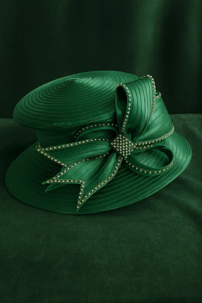 Deep green elegant church hat for women, adorned with rhinestones and a bold bow, ideal for Sunday dress-up.