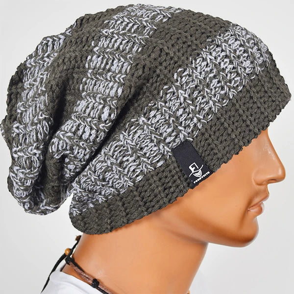 Green striped knit slouchy beanie hat, loose oversized unisex beanie for casual street outfits, FORBUSITE beanie collection