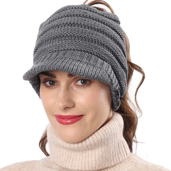 Grey knit ponytail with visor beanie for women, fleece lined winter warm hat, solid color street style outfit accessory by FORBUSITE