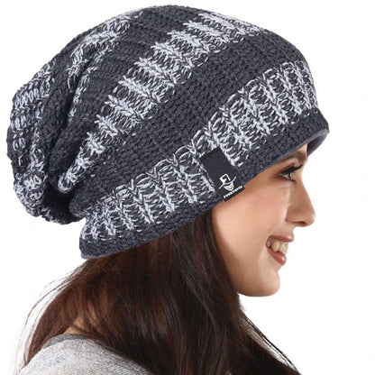 Grey and white stripe knit slouchy beanie hat by FORBUSITE, oversized loose fit unisex beanie cap for women, lightweight all season street outfit accessory B103