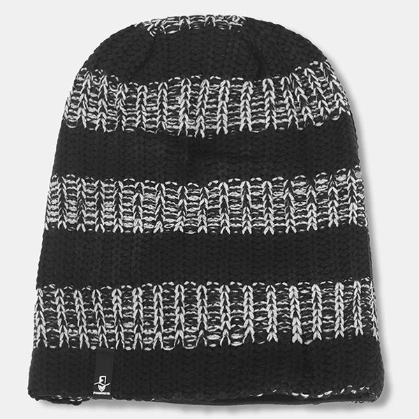 Black and white striped knit slouchy beanie hat, oversized unisex beanie cap for men and women, casual streetwear style by FORBUSITE