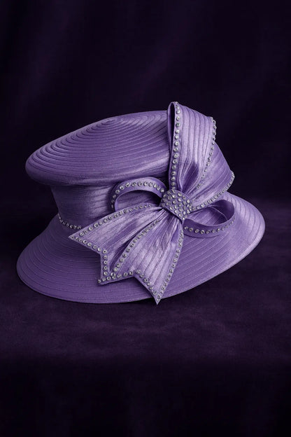 Lavender church hat with sparkling rhinestone bow, a stunning women’s Sunday hat for Easter or spring gatherings.