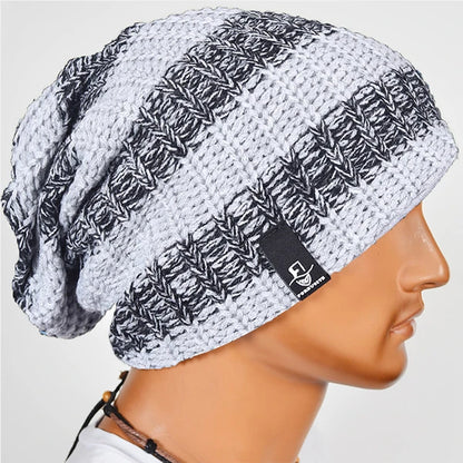 Light gray striped oversized beanie hat, soft knit slouchy beanie cap for men women, breathable all season wear