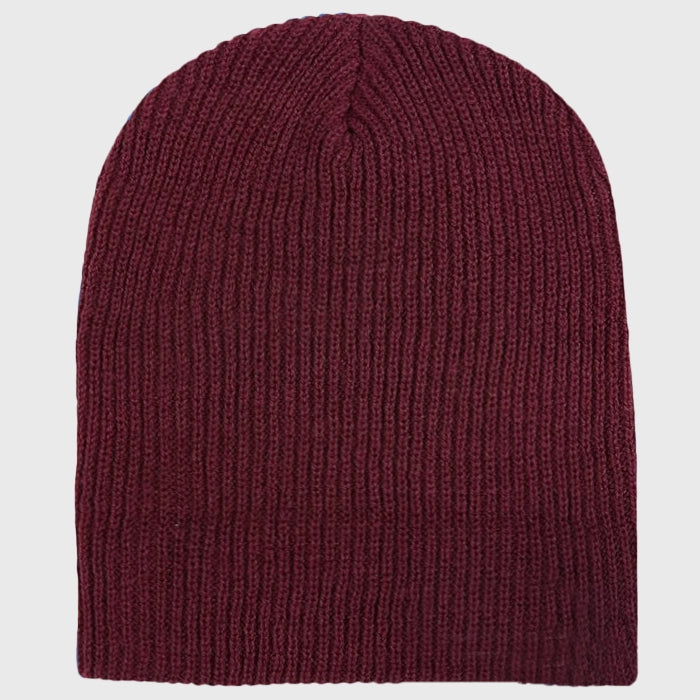 Maroon ribbed knit beanie – Stylish and warm winter accessory, perfect for staying cozy during the colder months.