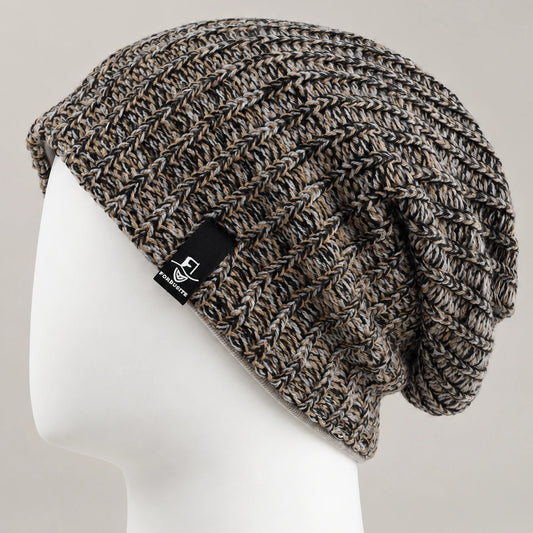 Multicolor knit slouchy beanie with chunky textured pattern and relaxed draped fit