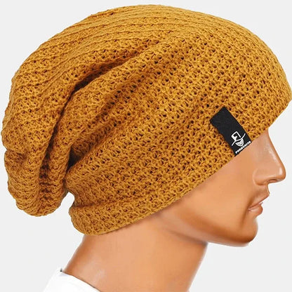 Mustard yellow slouchy knit beanie hat, oversized unisex beanie cap with textured knit, lightweight and breathable for casual fashion looks