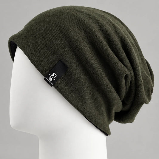 Olive slouchy beanie with soft textured fabric and relaxed oversized drape