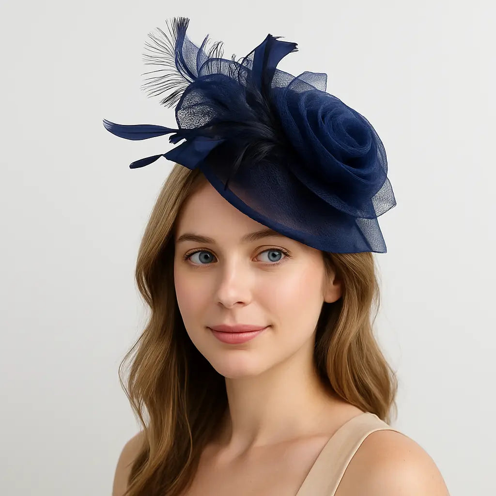 FORBUSITE navy blue fascinator hat with mesh and feather accents, ideal for weddings, church, or tea parties.