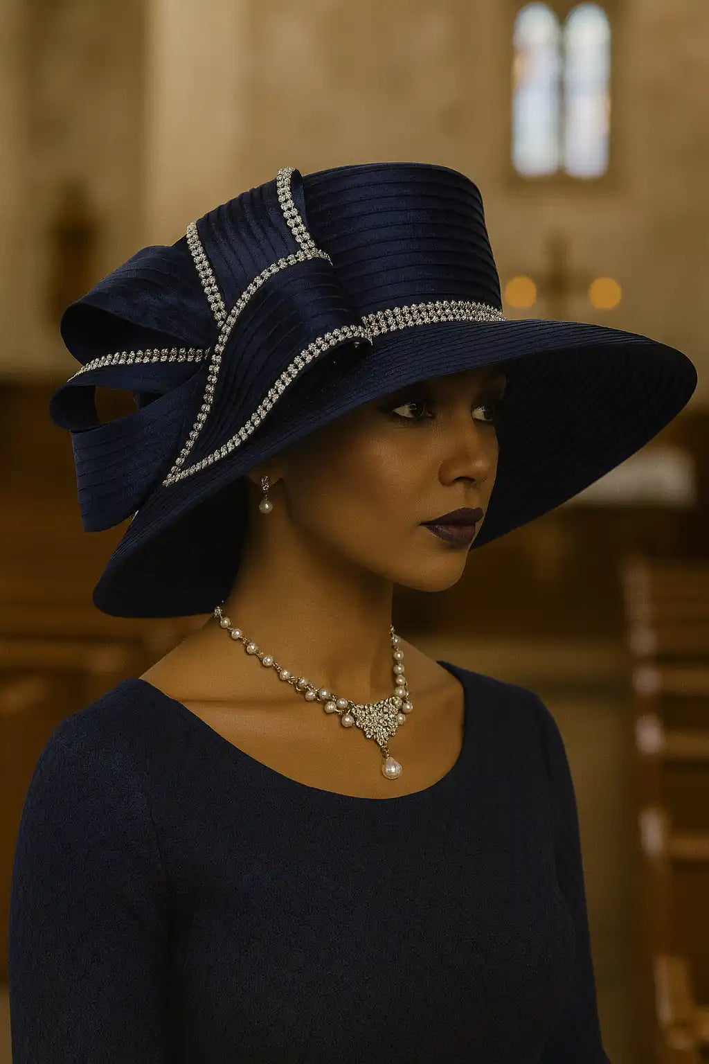 FORBUSITE navy blue church hat with crystal rhinestones and oversized bow, ideal for weddings and Kentucky Derby
