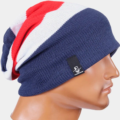FORBUSITE B308 navy red white stripe slouchy long knit beanie hat, oversized baggy style for men and women, soft solid color contrast street fashion beanie cap for winter outfit