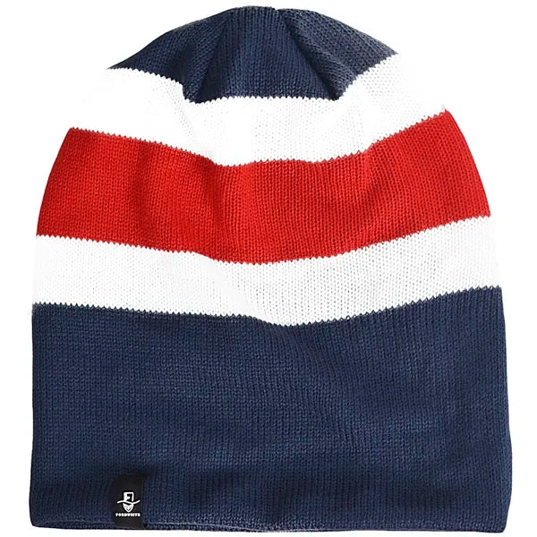 FORBUSITE model B308 navy red white stripe knit beanie hat, oversize slouchy unisex beanie cap, breathable lightweight all season headwear for men women casual street outfit