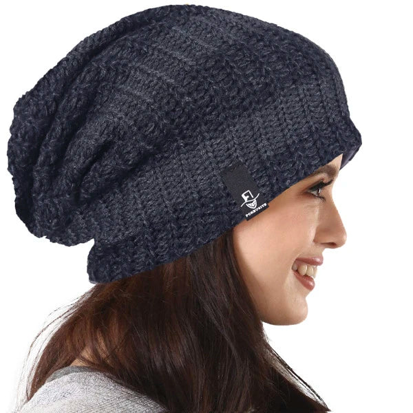 Dark navy solid knit long slouch beanie cap, oversized baggy style for women street fashion, soft lightweight winter and summer layering hat by FORBUSITE B103