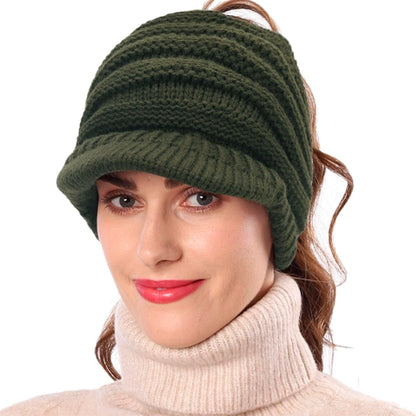 Olive green knit messy bun visor beanie for women, fleece lining winter warm hat, solid color street fashion outfit accessory