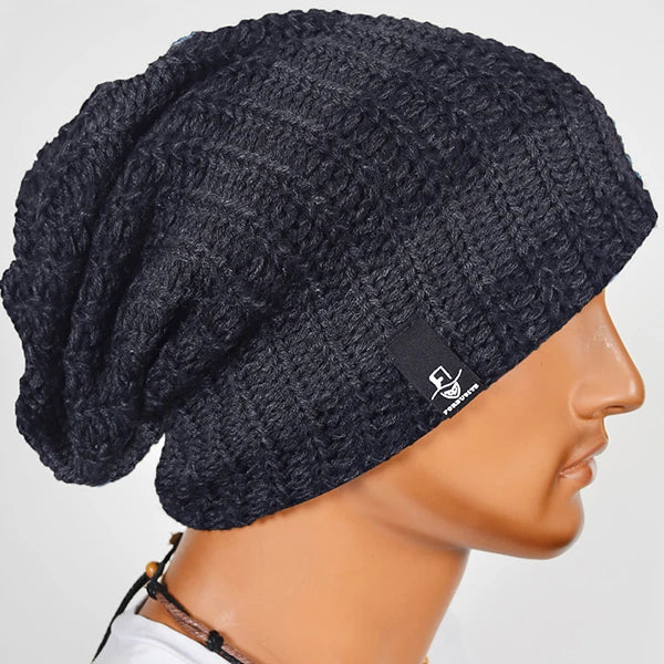 Dark striped oversized knit beanie hat, baggy slouch style beanie cap for men and women, lightweight all season wear