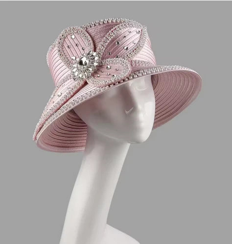 Elegant pink church hat with rhinestone embellishments, perfect for tea parties and weddings