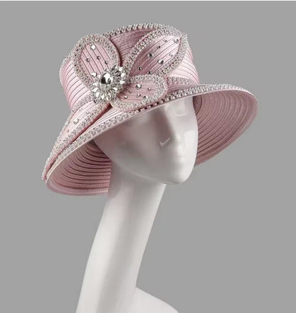 Elegant pink church hat with rhinestone embellishments, perfect for tea parties and weddings