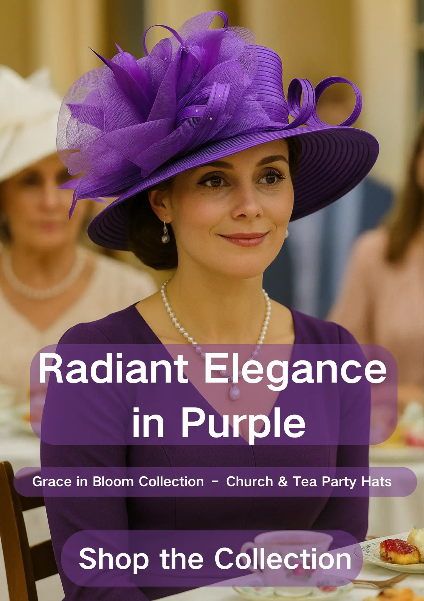 Woman wearing purple church hat at afternoon tea party – FORBUSITE fashion look