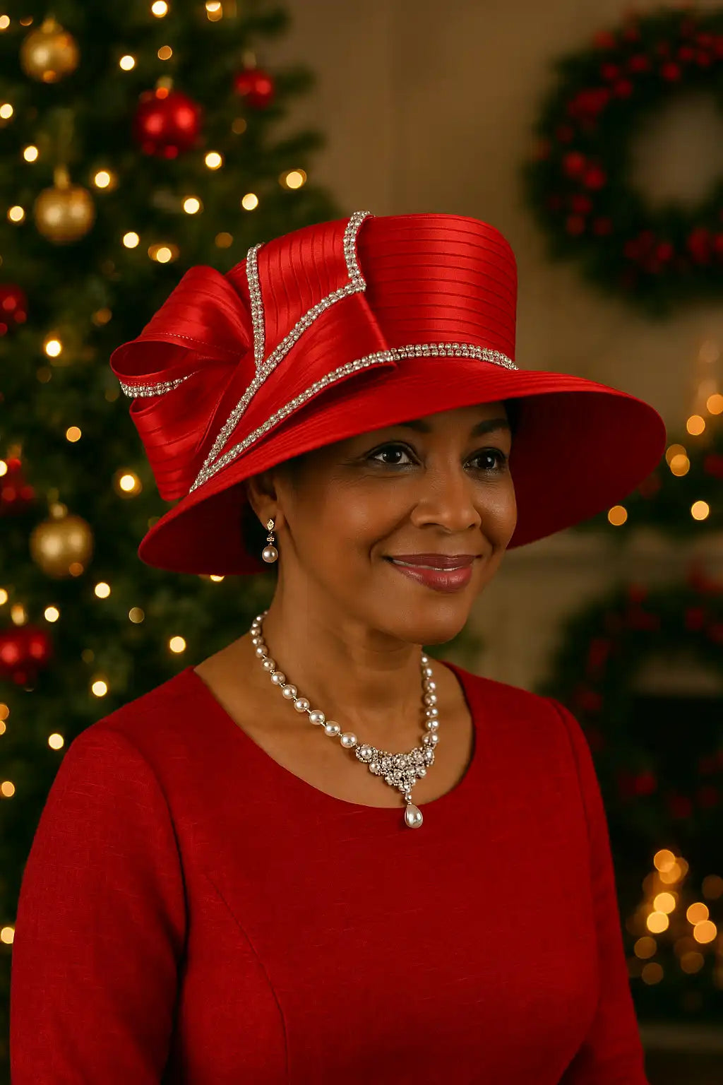 Stunning red FORBUSITE church hat with rhinestone bow, ideal for church, Christmas or Kentucky Derby
