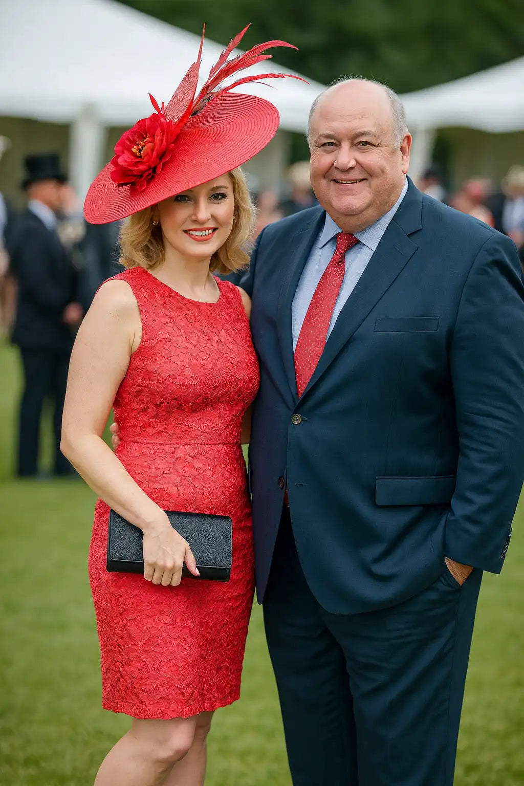 FORBUSITE bold red fascinator hat with floral and feather details, perfect for race day, church or wedding guests