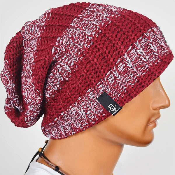 Red striped knit baggy beanie hat, oversized slouchy beanie for winter and fall outfits, unisex style by FORBUSITE