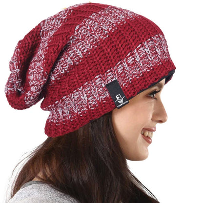 Red and white stripe oversized knit beanie hat, loose slouchy design for women casual street outfit, breathable all season beanie cap by FORBUSITE B103