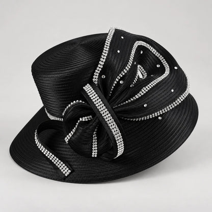 Angled view of a black church hat with layered satin ribbon loops, rhinestone accents and a wide brim