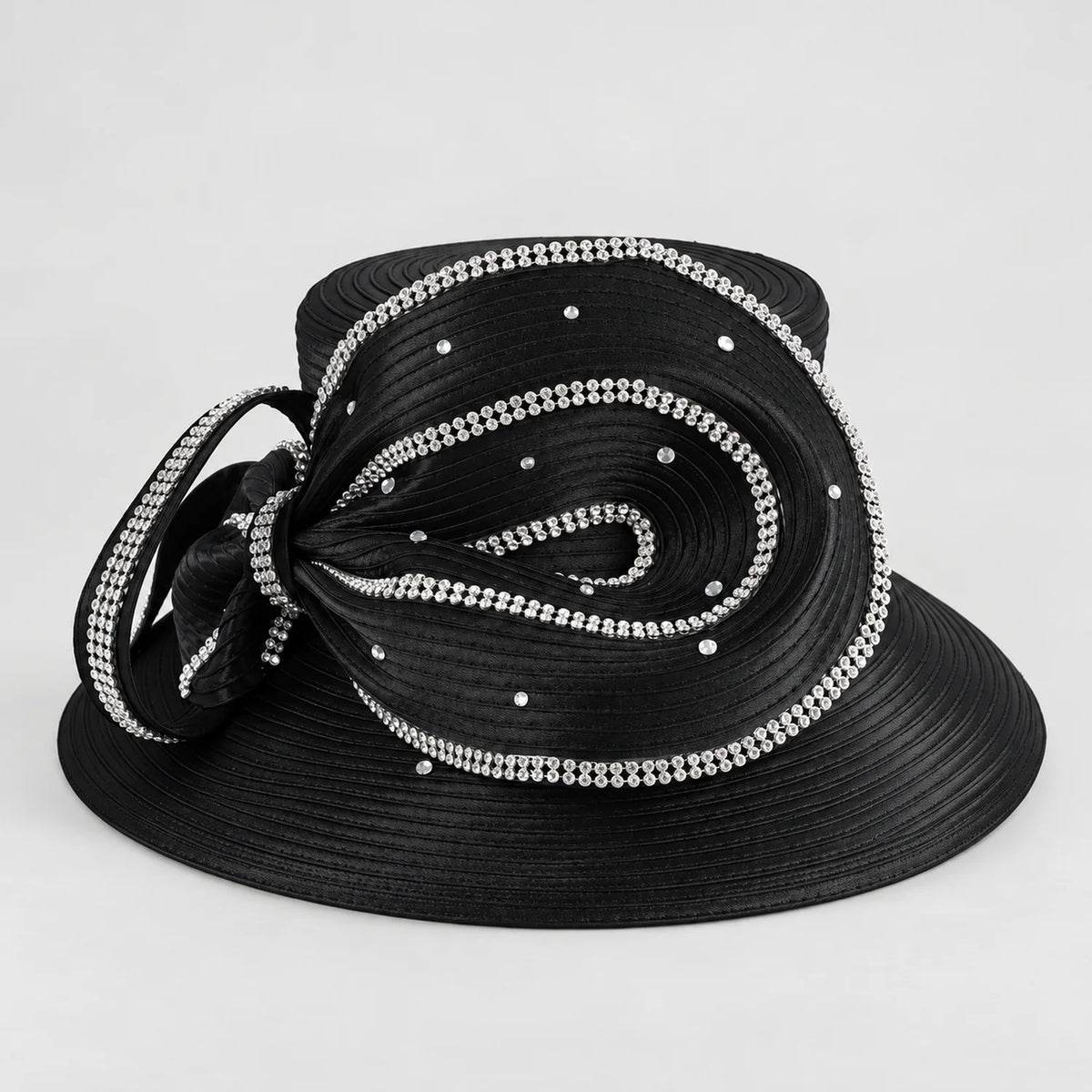 Black satin church hat for women with a wide brim and dramatic rhinestone-trimmed sculptural bow