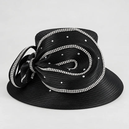Black satin church hat for women with a wide brim and dramatic rhinestone-trimmed sculptural bow