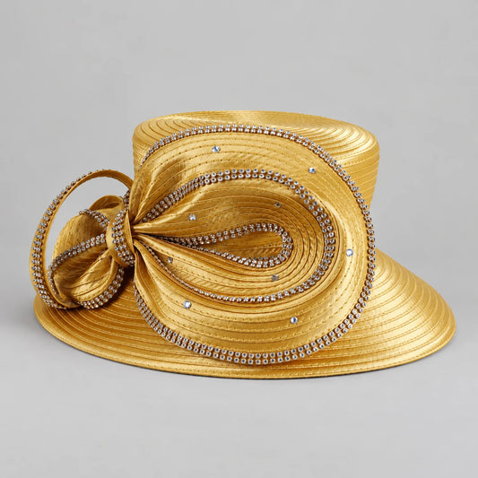 Gold satin church hat for women with a wide brim and large sculptural bow outlined with sparkling rhinestones