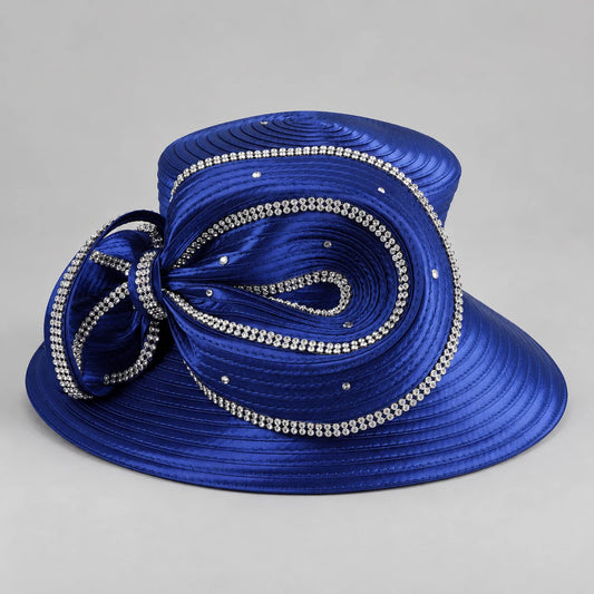 Royal blue satin church hat for women with a wide brim and oversized rhinestone-trimmed ribbon bow