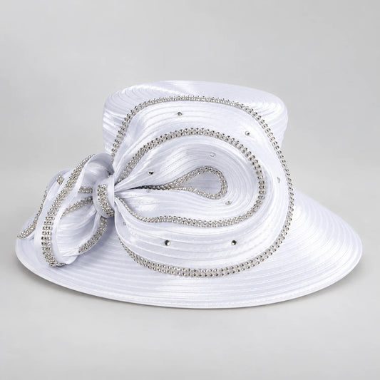 White satin church hat for women featuring a wide brim and large sculptural bow with sparkling rhinestone trim