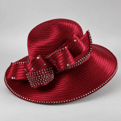 Burgundy wide brim church hat for women with a sculpted satin ribbon bow, rhinestone-edged brim and concentric stitched bands