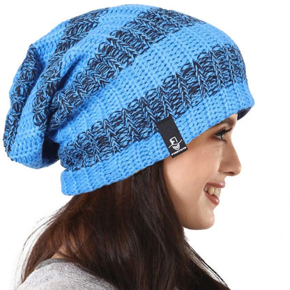 Sky blue and black stripe slouchy knit beanie cap, oversized lightweight street style hat for women, soft baggy all season outfit essential FORBUSITE B103
