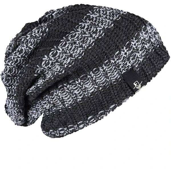 Striped slouchy beanie hat worn in loose fit, long oversized knit beanie for street outfit, unisex all season beanie by FORBUSITE