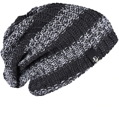 Striped slouchy beanie hat worn in loose fit, long oversized knit beanie for street outfit, unisex all season beanie by FORBUSITE