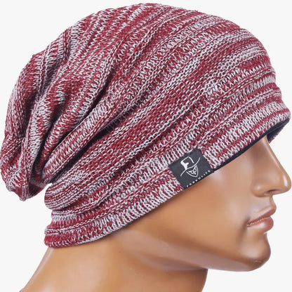 Unisex slouchy striped beanie hat in red, oversized loose fit street style beanie for men and women, lightweight all season wear