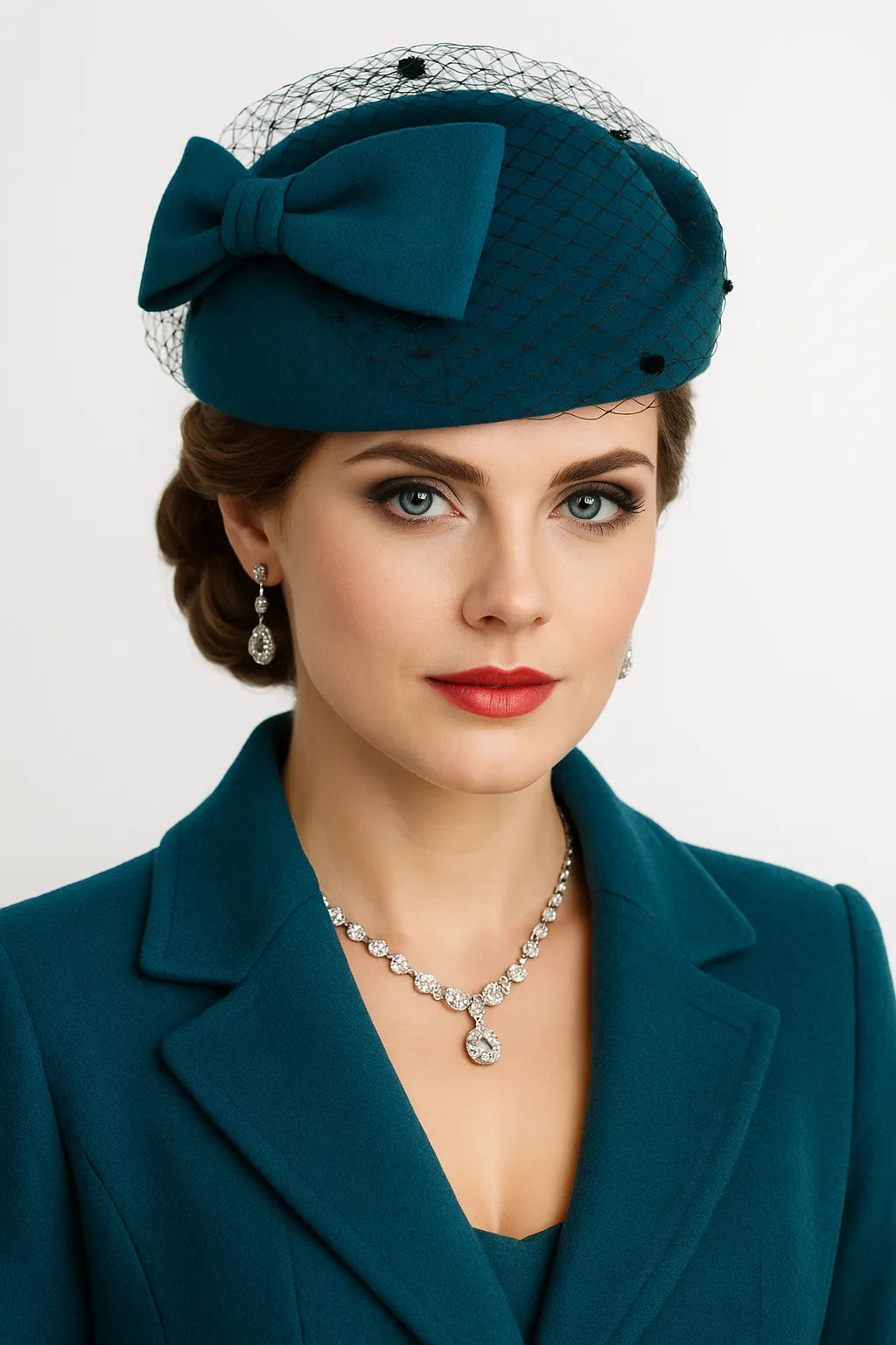 Teal fascinator hat for women with netted veil and bow — perfect for tea parties