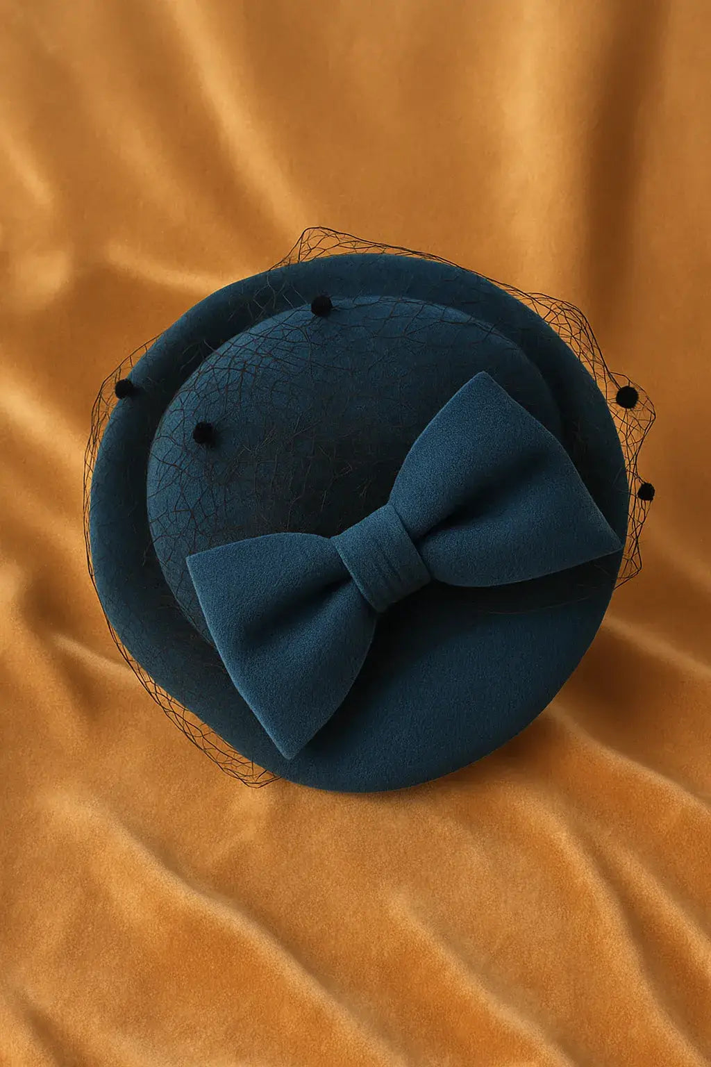 Vintage teal pillbox fascinator hat with birdcage veil and sculpted bow