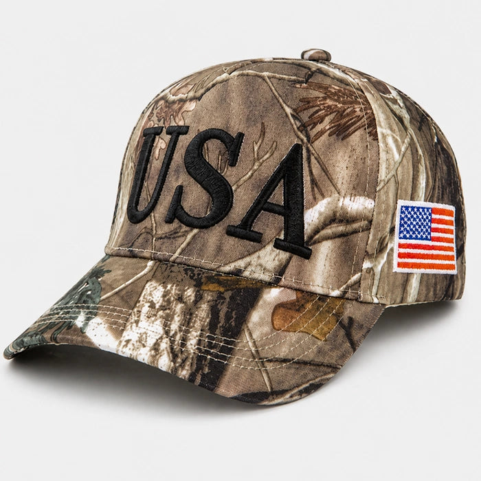 FORBUSITE USA Camo Baseball Cap with 3D Embroidered Black Letters and American Flag Patch on side, Patriotic Camouflage Hunting Hat for Men.
