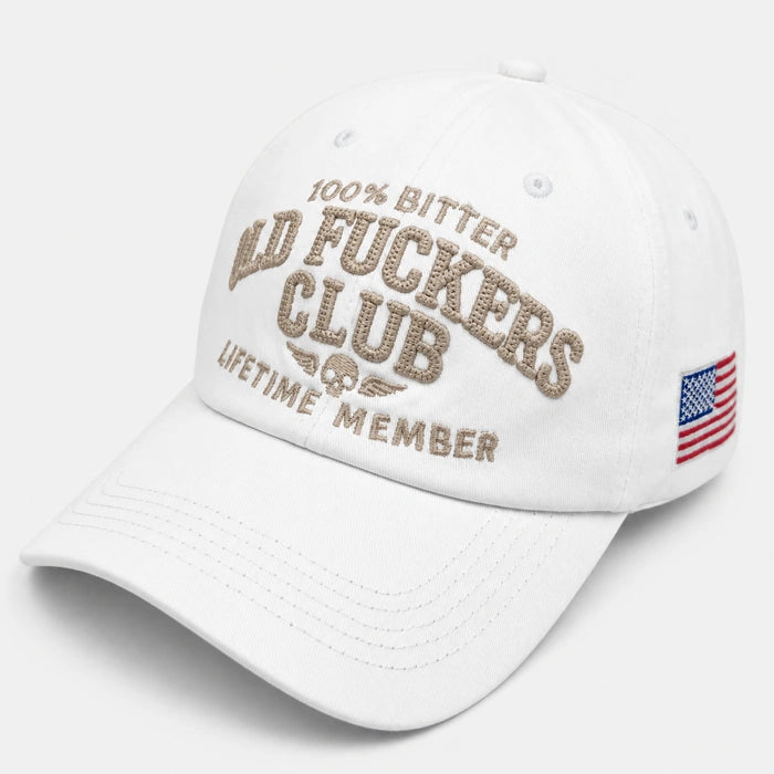 FORBUSITE white washed cotton baseball cap featuring '100% Bitter Old Fuckers Club' and winged skull embroidery, a funny sarcastic gift for men with attitude.