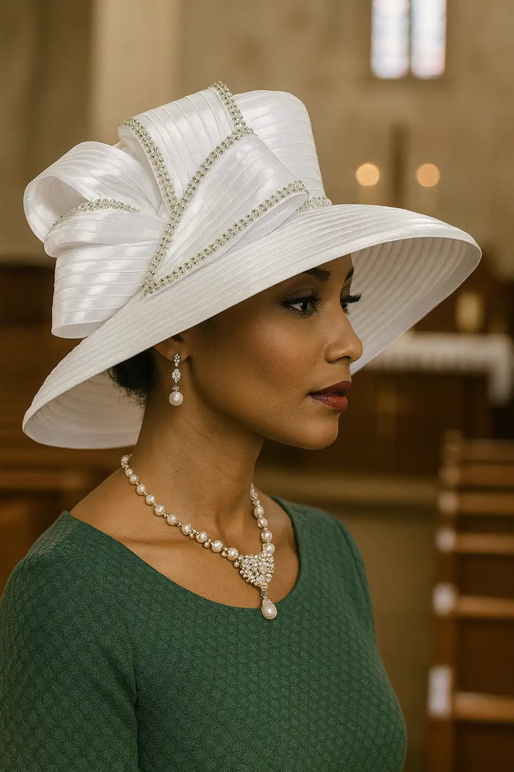 FORBUSITE elegant white church hat with rhinestone trim and large bow, perfect for mother of the bride or Sunday service
