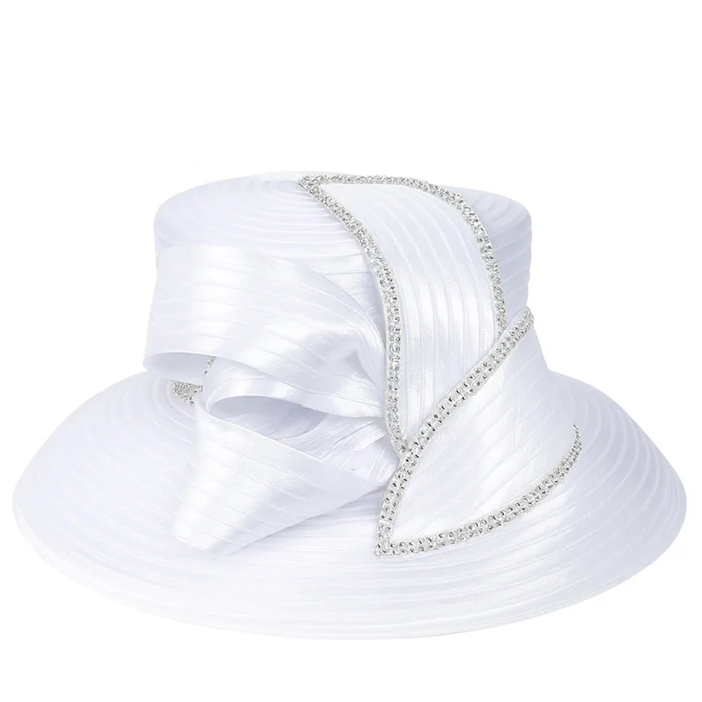 White church hat with silver rhinestone trim and bow