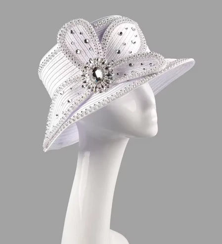 FORBUSITE white church hat with rhinestone details for formal occasions and weddings