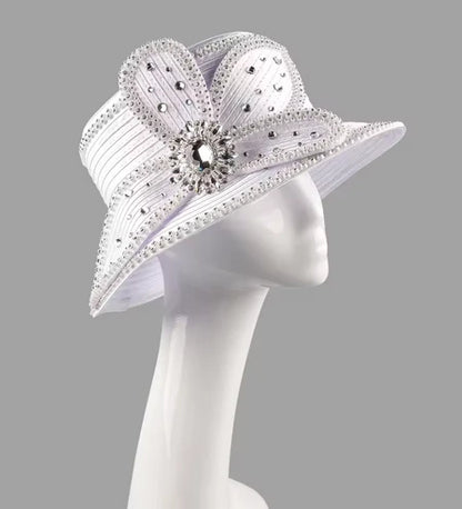 FORBUSITE white church hat with rhinestone details for formal occasions and weddings