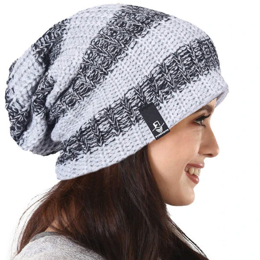 White and grey stripe baggy slouch beanie hat, oversized knit cap for women street outfit, soft stretch lightweight all season fashion by FORBUSITE B103