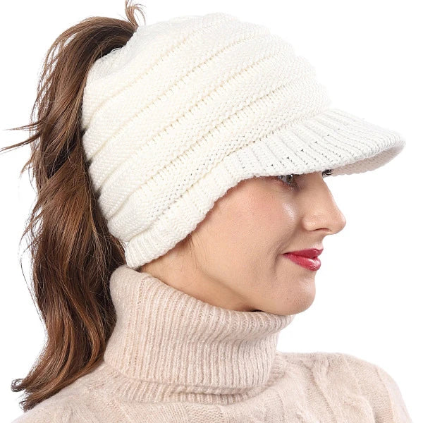 White solid knit messy bun beanie hat with visor for women, fleece lining winter cap, stylish women visor outfit for cold weather
