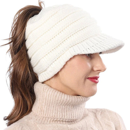 White solid knit messy bun beanie hat with visor for women, fleece lining winter cap, stylish women visor outfit for cold weather